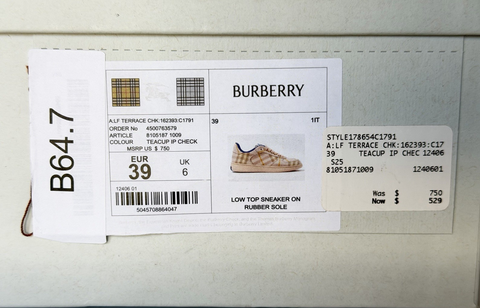 Burberry Women’s Teacup IP Check Sneakers 9 US (39 Euro)  Italy 8105187 NIB $750