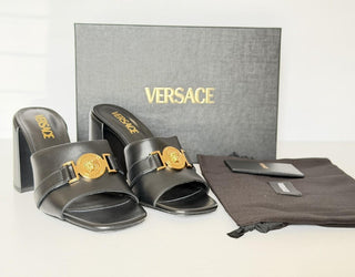 Versace Medusa Head Calf Leather Black Sandals 9 US (39 Euro) IT 014747 NIB $875