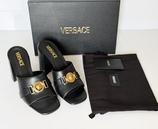 Versace Medusa Head Calf Leather Black Sandals 9 US (39 Euro) IT 014747 NIB $875