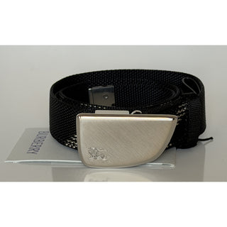 Burberry Silver Metal Buckle Shield Webbing Black Belt 95/38 8087708 IT NWT $490