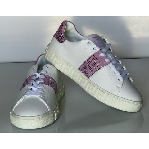 Versace Crystal Greek Women’s White/Pink Leather Sneakers 9.5 US 1013568 NIB
