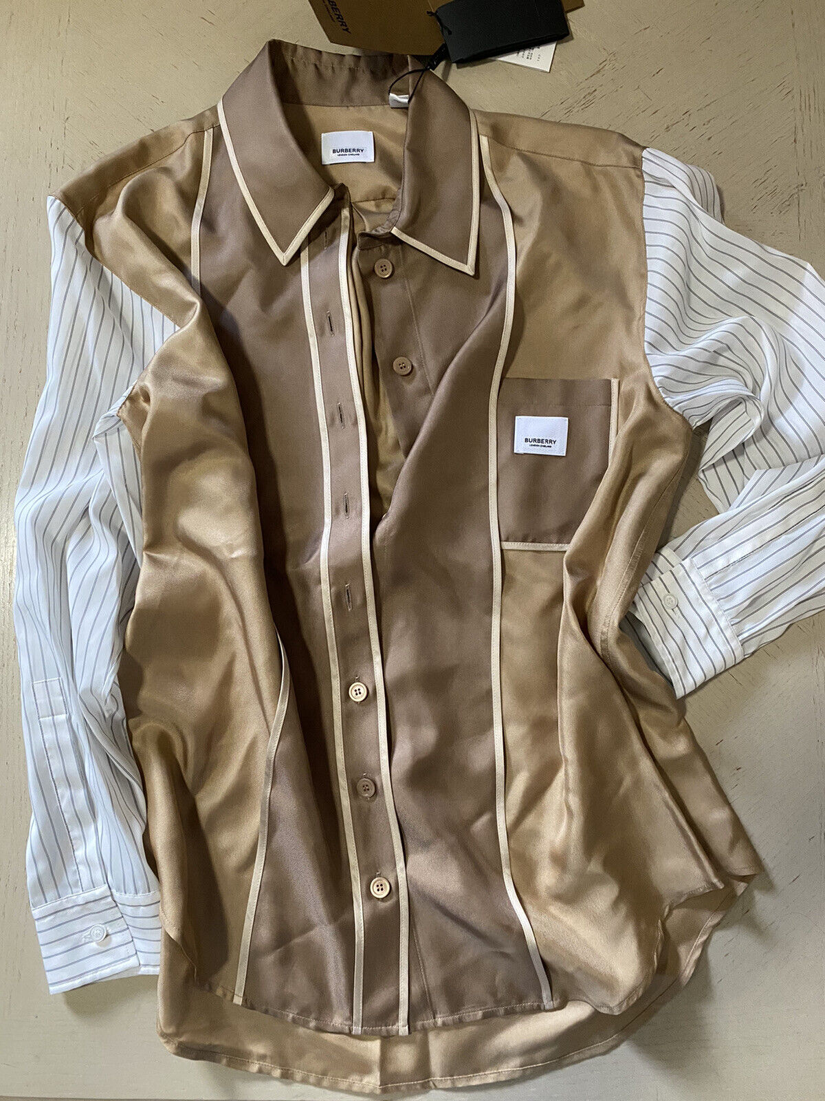 New $1120 Burberry Women Oversized Silk Panel Shirt Camel 8 US/42 Ita