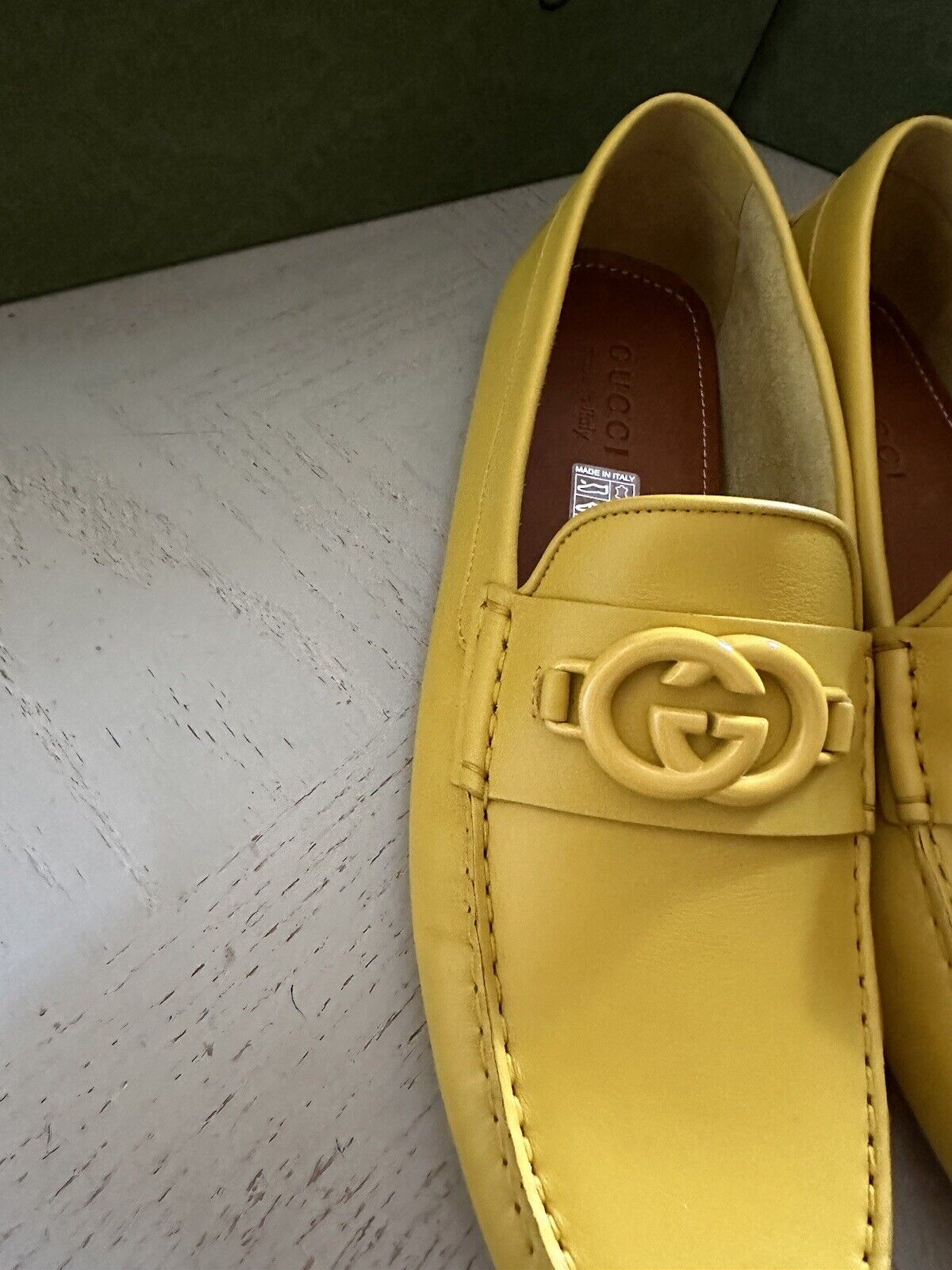 New Gucci Men GG Leather Moccasin Driver Loafers Shoes Yellow 10 US/9 UK 692379