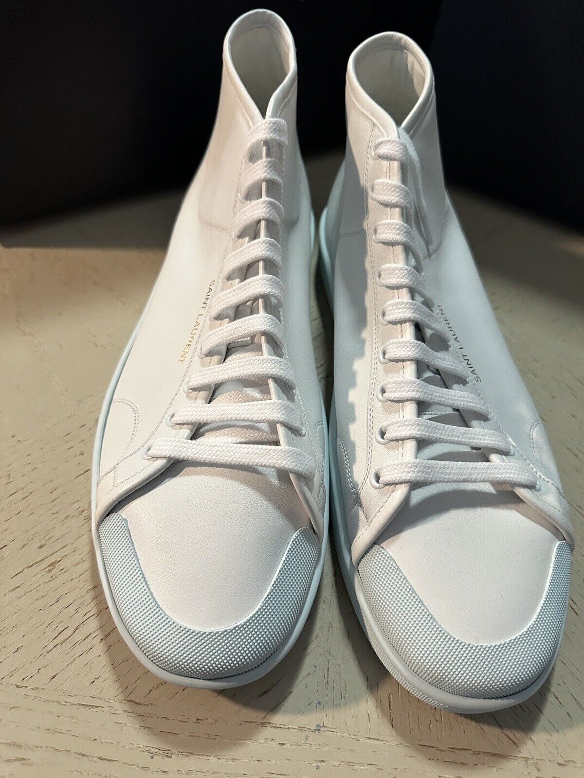 NIB $825 Saint Laurent Mid-top Leather sneakers White/LT Blue 13 US/46 Eu 652773