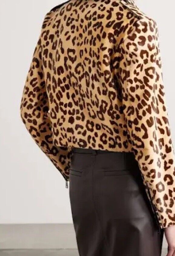 New $6790 Ralph Lauren Purple Label Women Leopard Print Fur Biker Jacket 6/42