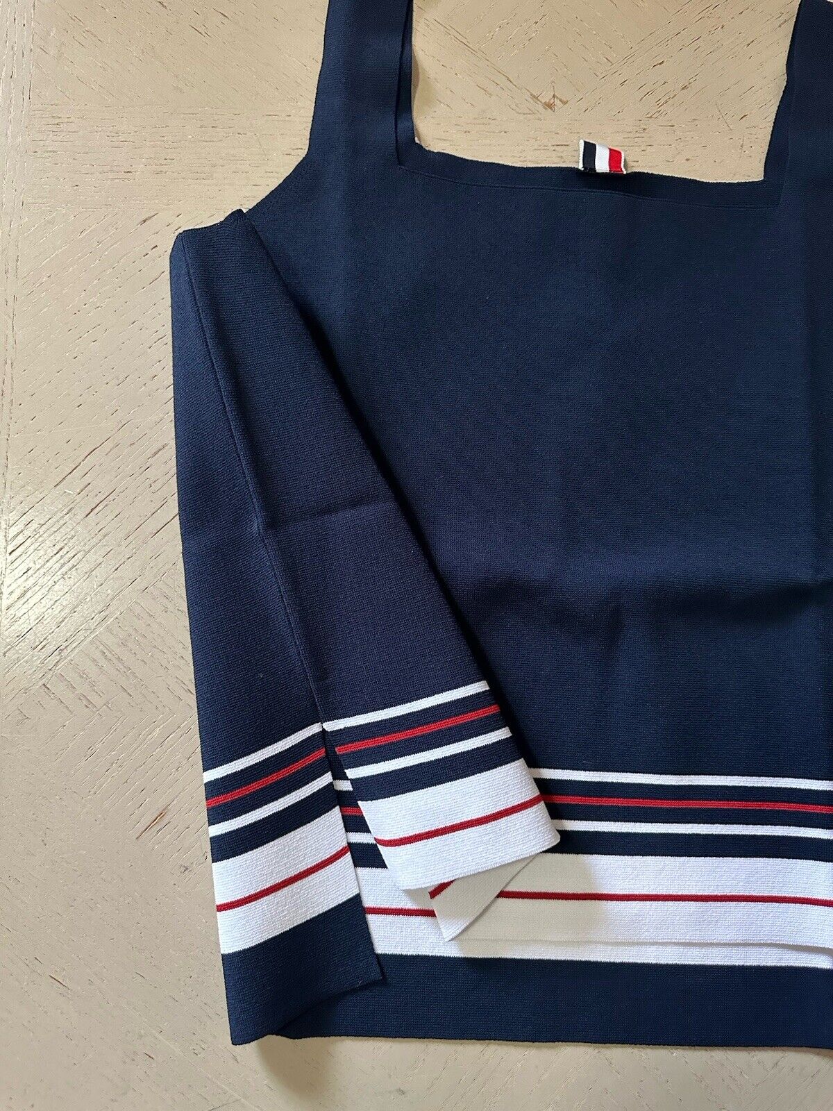 New $590 Thom Brown Squareneck Stripe Knit Navy Top Size 48/12 Italy