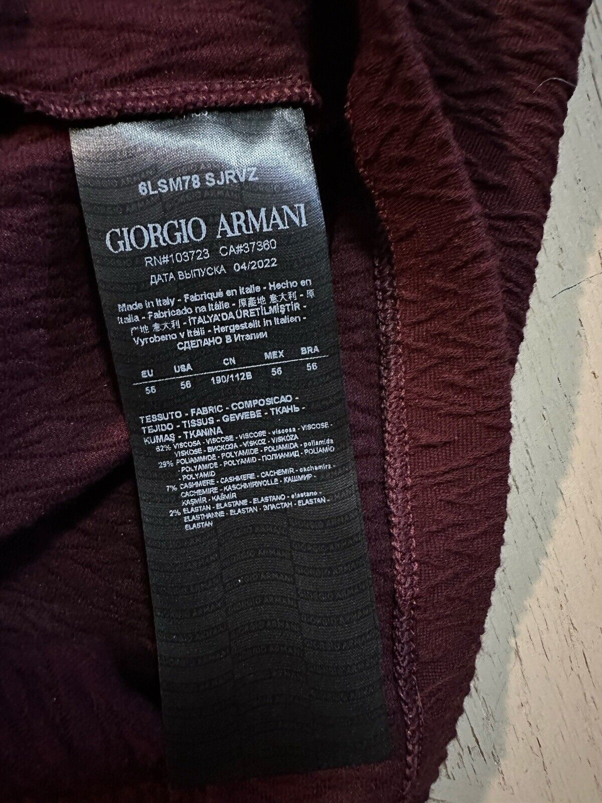 NWT $595 Giorgio Armani Men Cashmere Blend T Shirt Burgundy XXL ( 56 Eu ) Italy