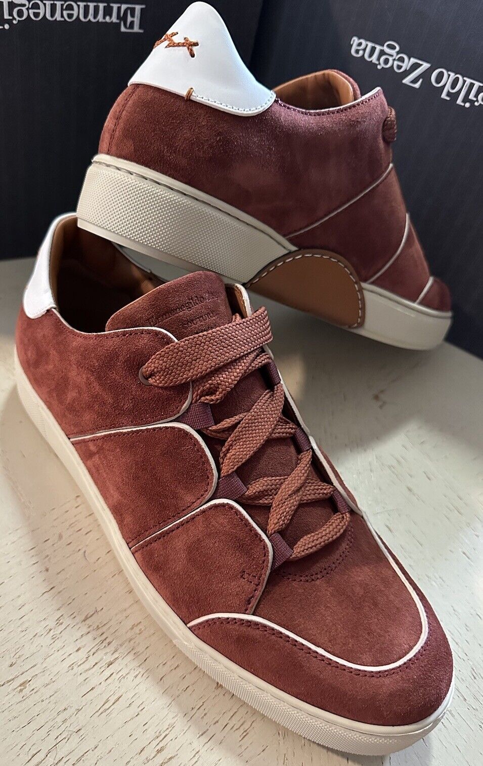 New $850 Ermenegildo Zegna Couture Suede/Leather Sneakers Dark Red 8.5 US/41.5 E