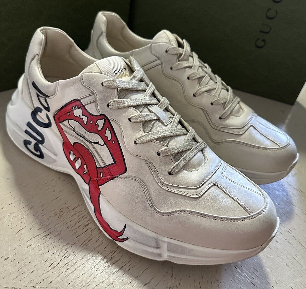 New Gucci Men Leather Rython Dirty mouth Sneakers Ivory 15 US/14 UK 552089