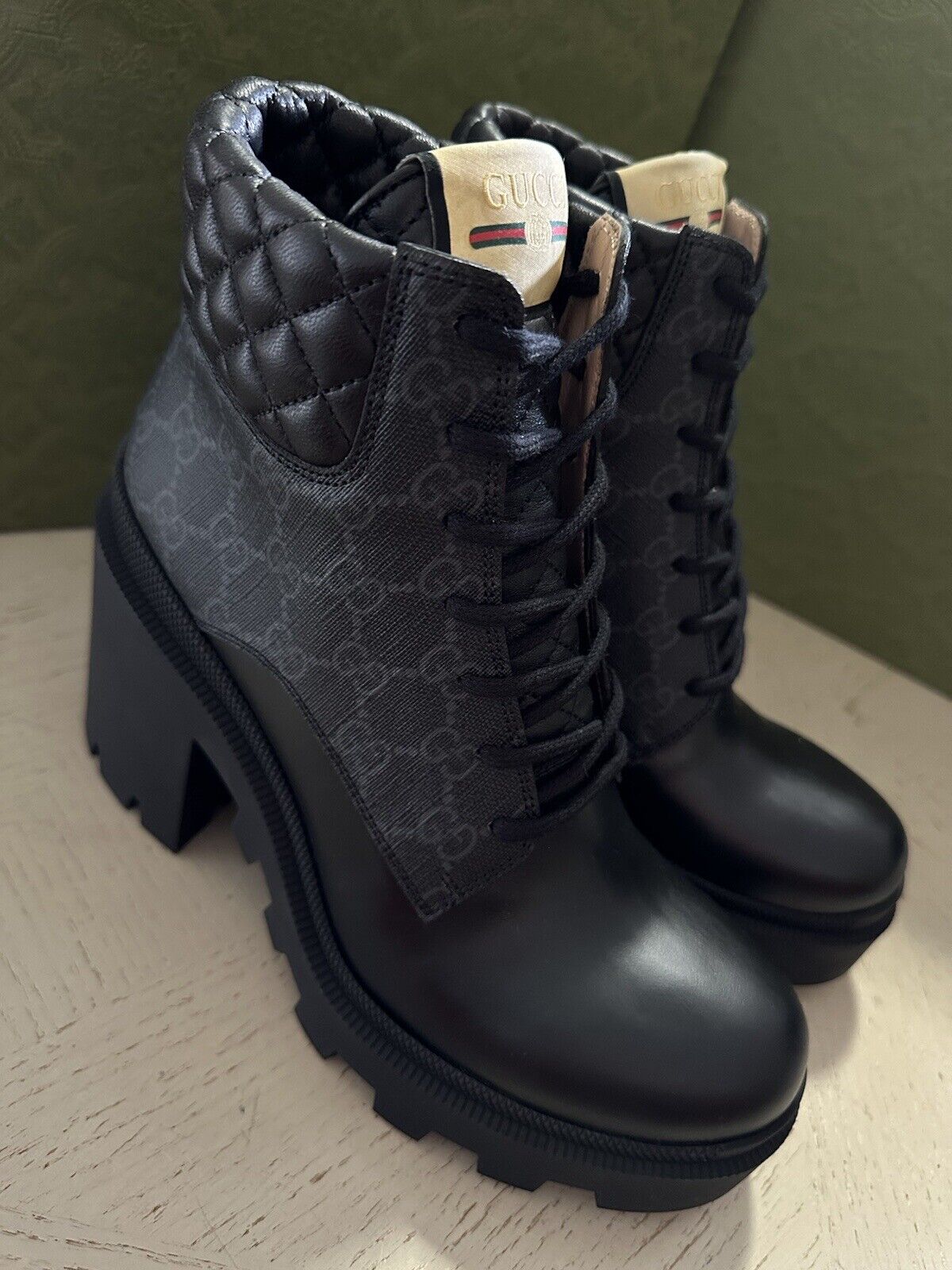 NIB Gucci Women GG Logo Canvas/Leather Boots Shoes Black 9 US/39 Eu 659691