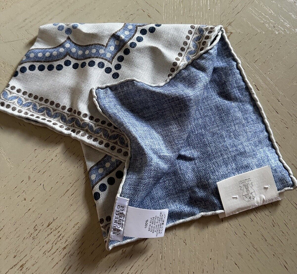 New $240 Brunello Cucinelli Abstract Silk Pocket Square Blue/White One Size