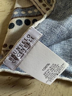 New $240 Brunello Cucinelli Abstract Silk Pocket Square Blue/White One Size