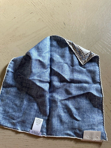 New $240 Brunello Cucinelli Abstract Silk Pocket Square Blue/White One Size