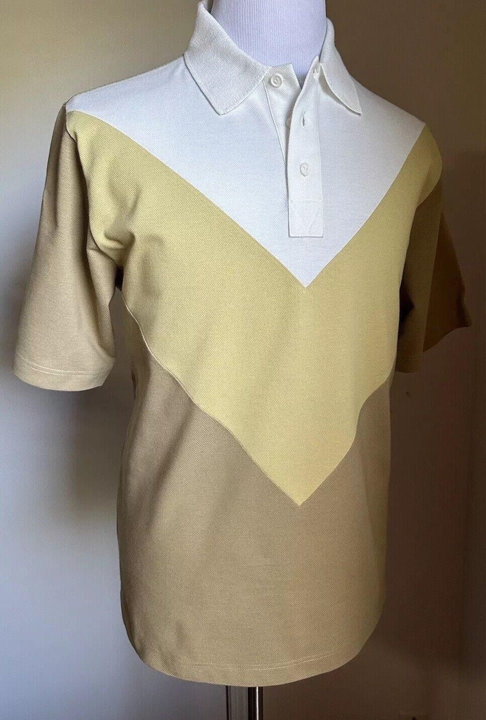 Bottega Veneta Men Cotton Piquet Polo Shirt White/Yellow/Brown Size S New $700