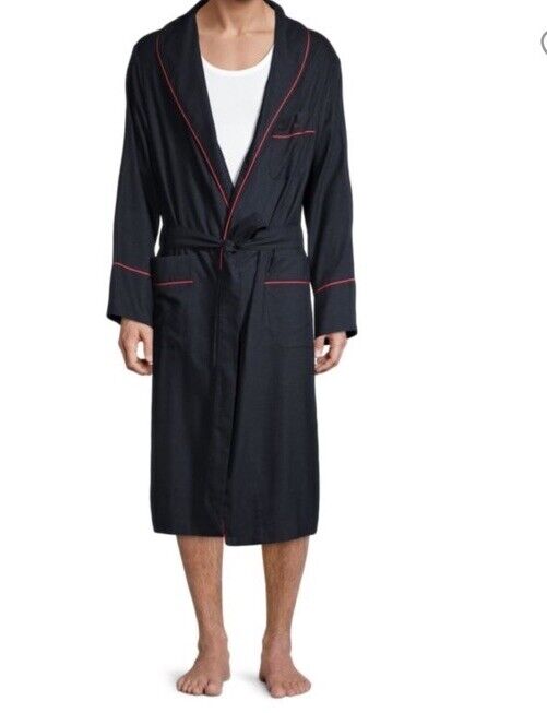 New $995 Isaia Piped Pima Cotton Robe Navy Size M Italy