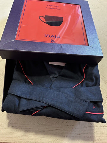 New $995 Isaia Piped Pima Cotton Robe Navy Size L Italy