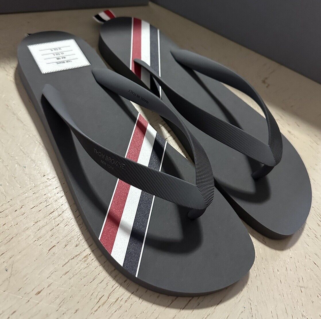 Thom Browne Striped Rubber Flip Flops Sandal LT Gray Size 12 US/45 Eu Italy New