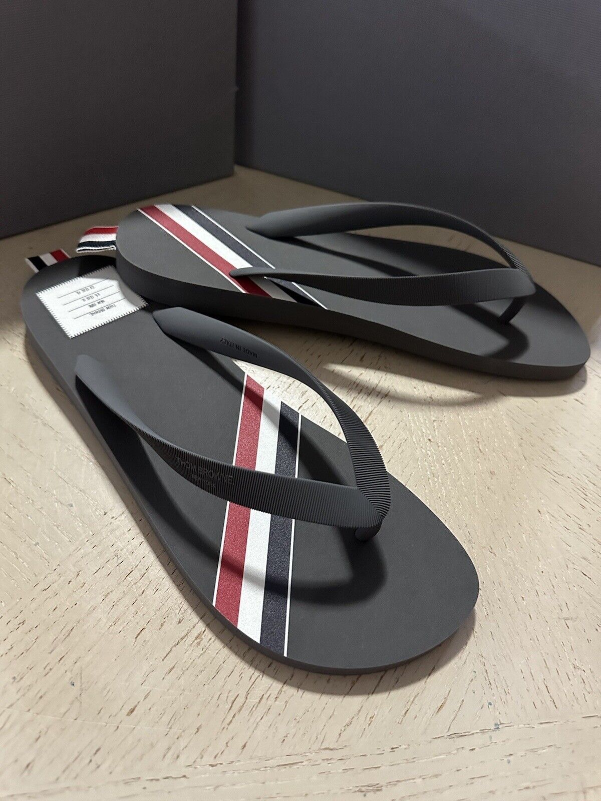 Thom Browne Striped Rubber Flip Flops Sandal LT Gray Size 12 US/45 Eu Italy New