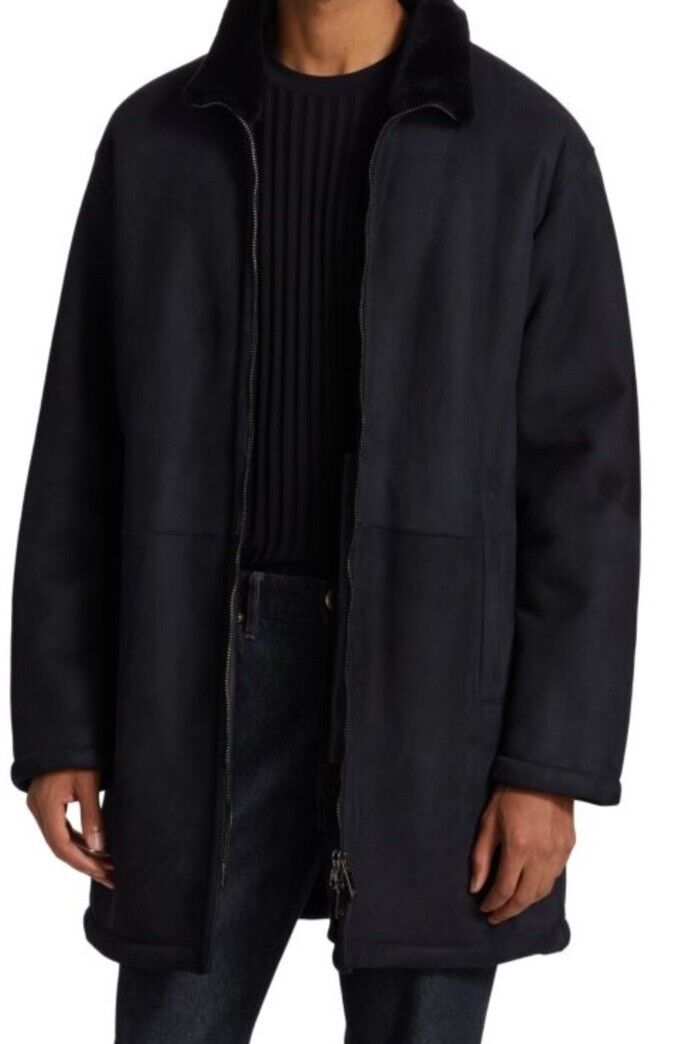 NWT $5900 Giorgio Armani Men Shearling Zip Front Coat Solid Blue 46 US/56 Eu