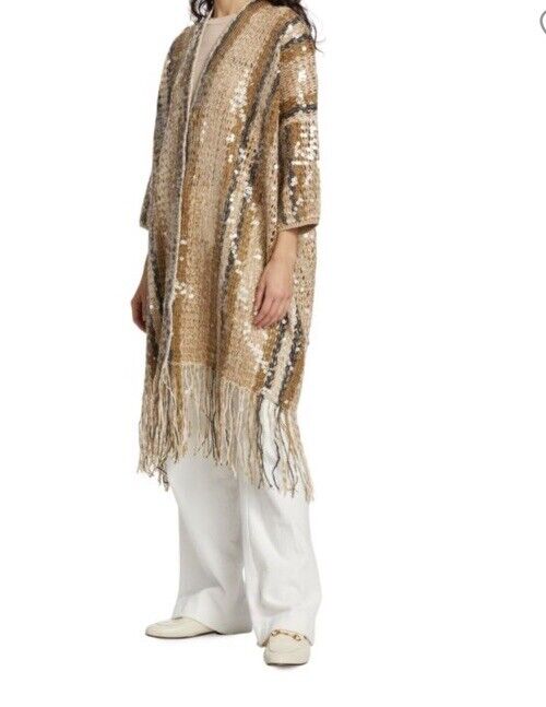 NWT $8600 Brunello Cucinelli Women Sequin Longline Cardigan Beige Size M