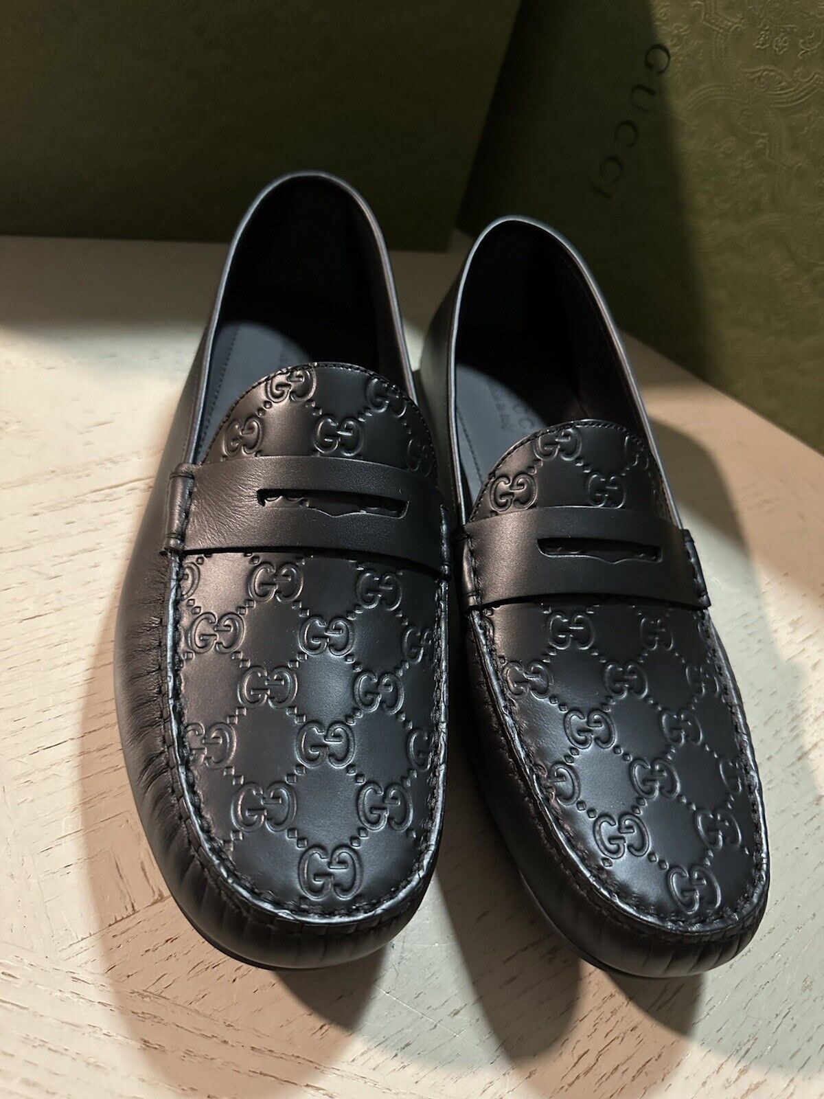 Gucci Men Leather GG Signature Driver Loafers Shoes Black 13 US/12.5 UK New