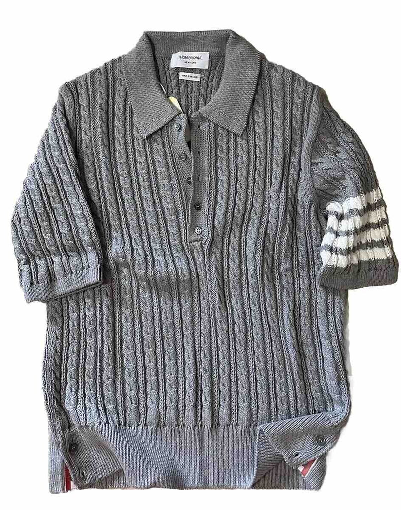 Thom Browne Men’s Cable Knit 4-Bar Polo Shirt Gray L ( 3 ) Ireland New