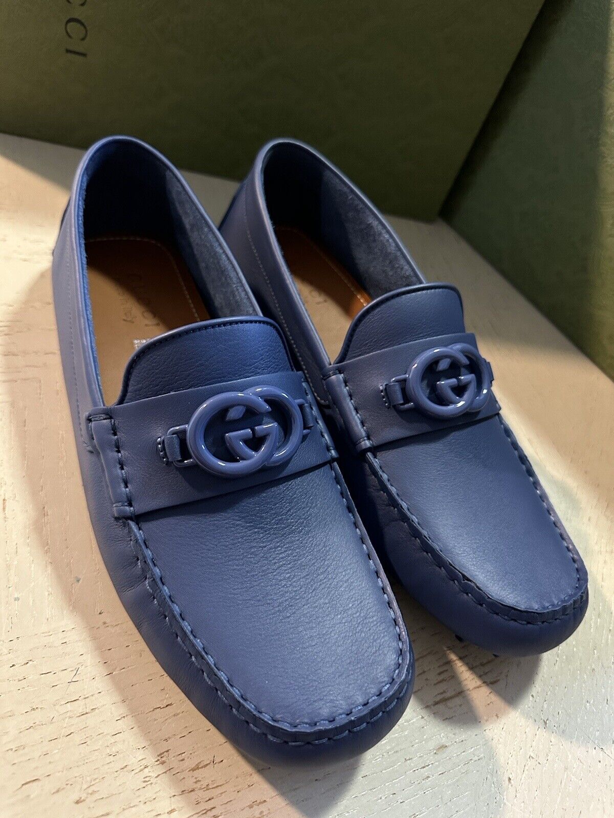 New Gucci Men Leather GG Driver Loafers Shoes Blue 8 US/7 UK 692379