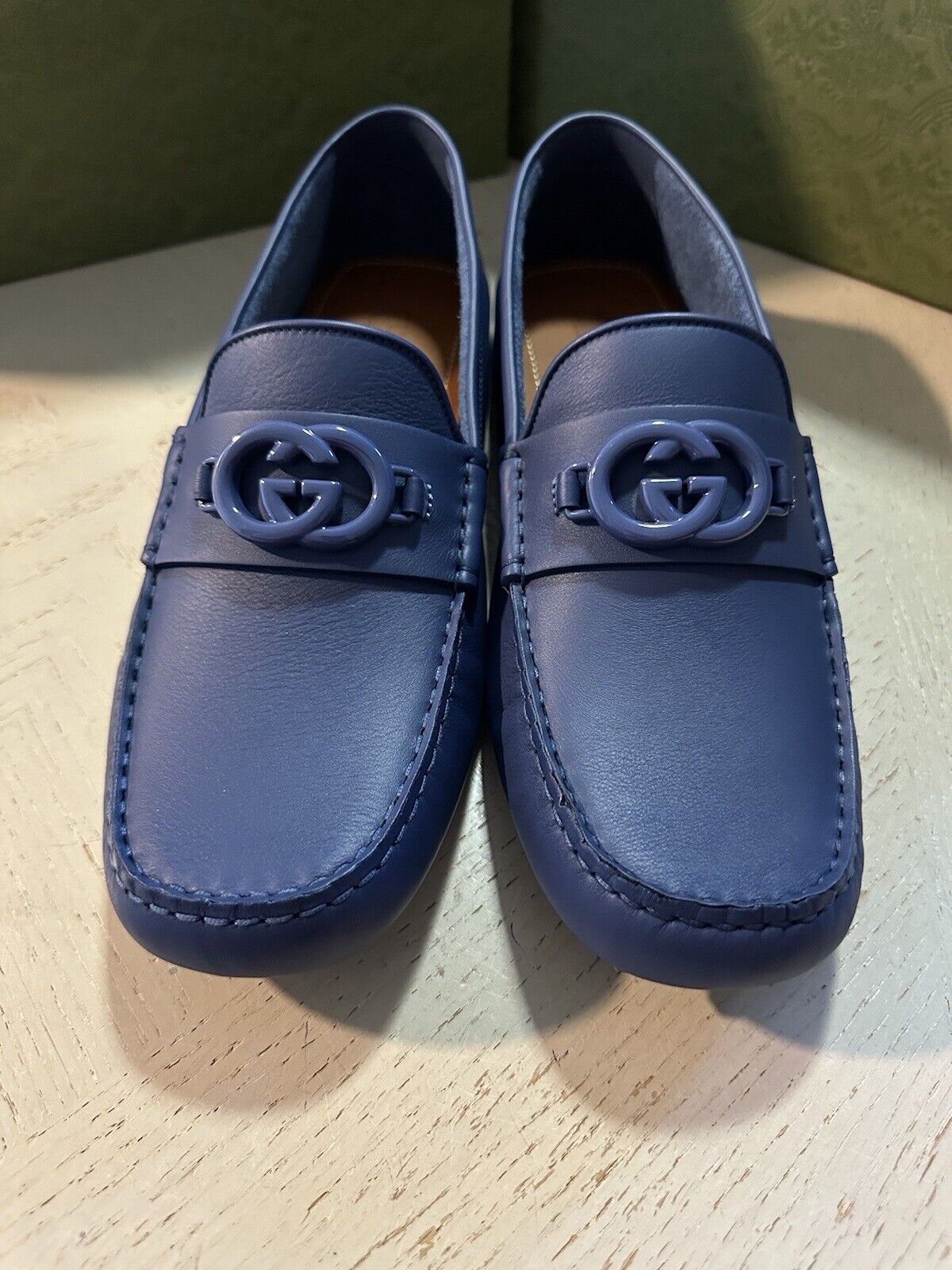 New Gucci Men Leather GG Driver Loafers Shoes Blue 8 US/7 UK 692379