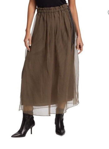 Brunello Cucinelli Monili Belt Silk Maxi Skirt Brown 42/6 New $2995