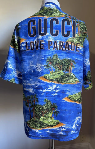 Gucci Men Linen Short Sleeve Oversized Shirt Blue/Multi Size 46 Eu Italy New