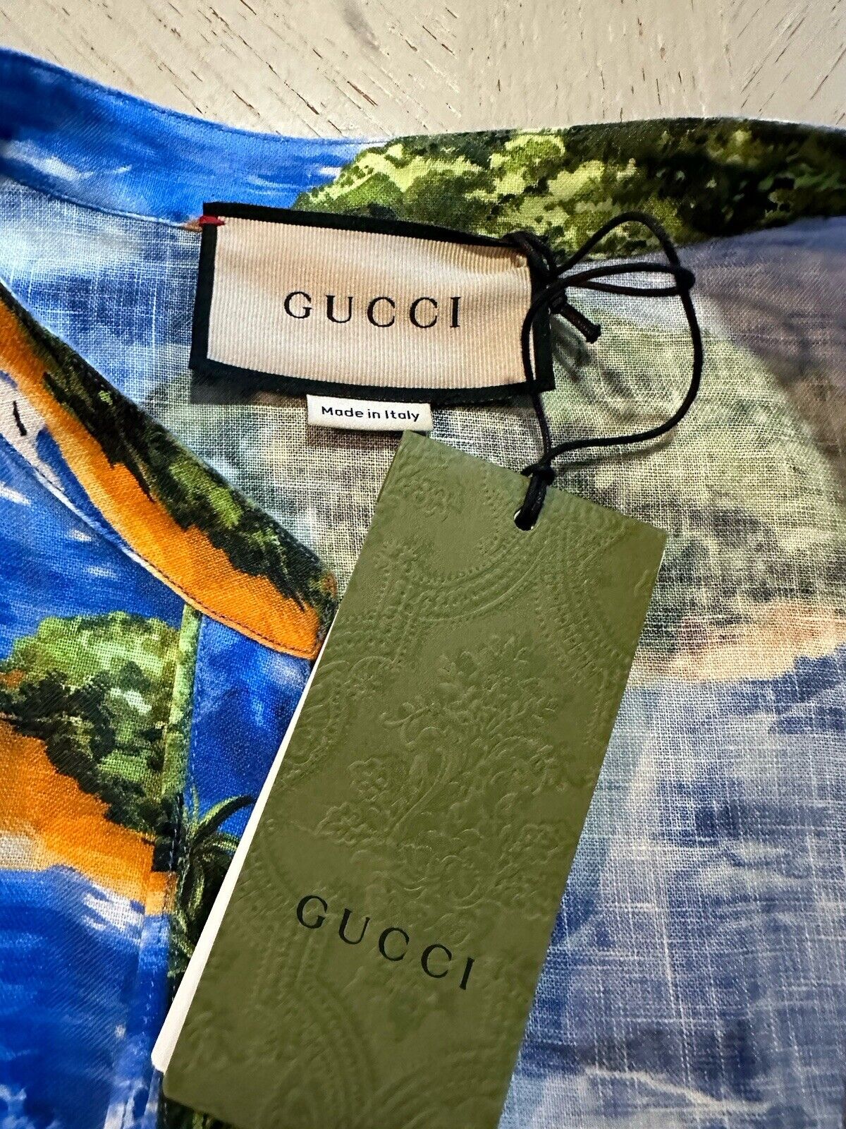 Gucci Men Linen Short Sleeve Oversized Shirt Blue/Multi Size 46 Eu Italy New