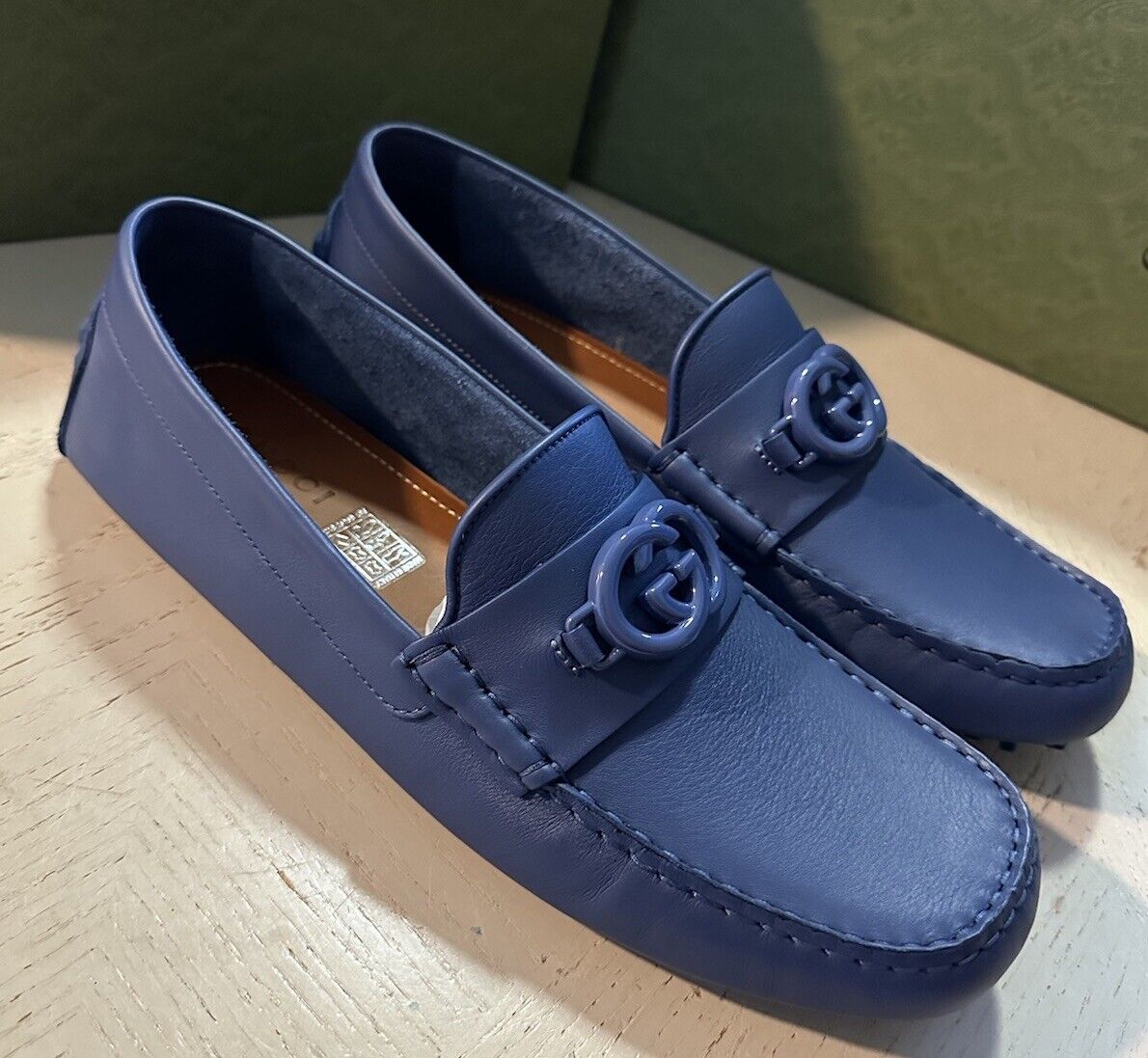 New Gucci Men Leather GG Driver Loafers Shoes Blue 14.5 US/14 UK 692379
