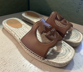Gucci Men Leather GG Espadrille Sandal Shoes Brown 13 US/12 UK 725260 New