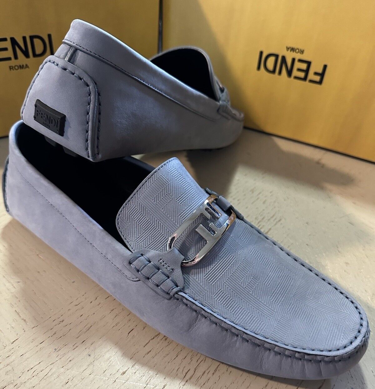 Fendi Men’s FF Logo Leather Driver Loafers Shoes Sky Blue 10 US/9 UK New $770