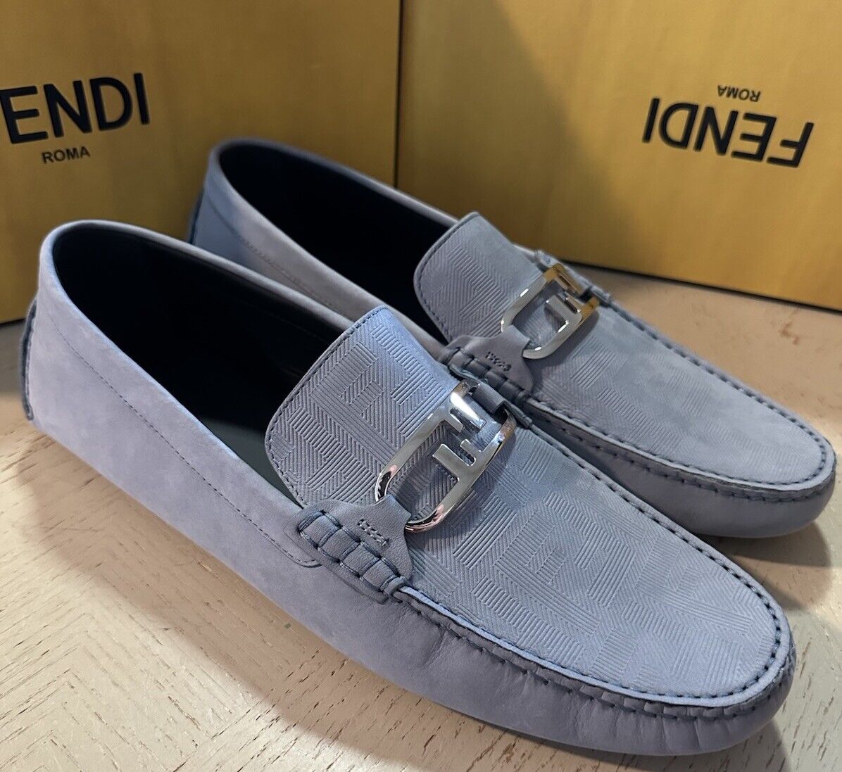 Fendi Men’s FF Logo Leather Driver Loafers Shoes Sky Blue 10 US/9 UK New $770