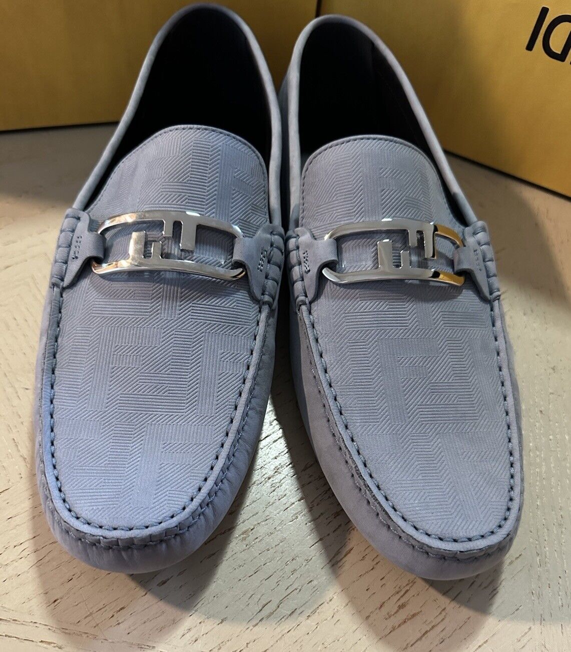 Fendi Men’s FF Logo Leather Driver Loafers Shoes Sky Blue 10 US/9 UK New $770