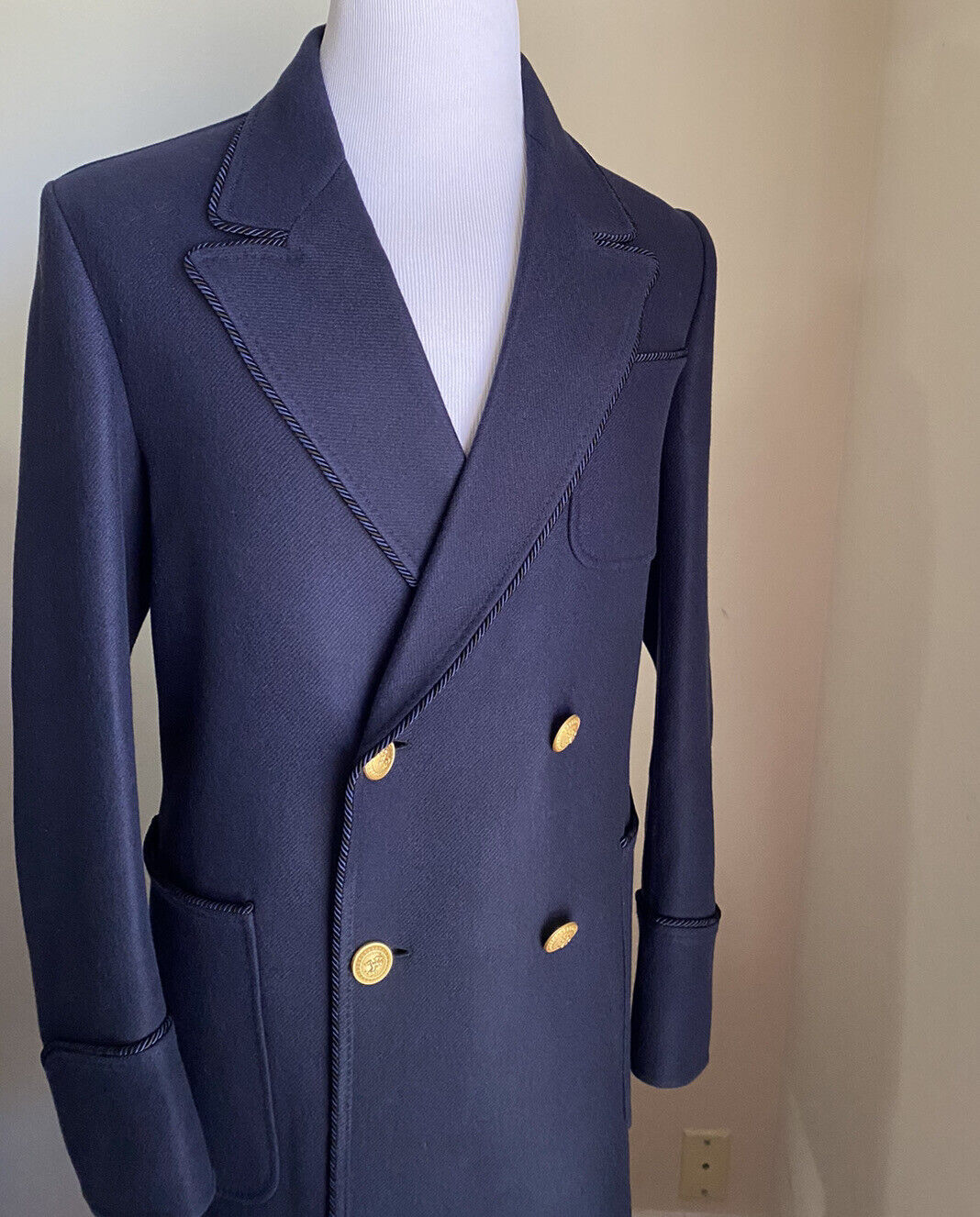 New $4700 Gucci Men’s Camel Hair Overcoat Coat Navy 36 US/46 Eu/Mesured 48 Eu