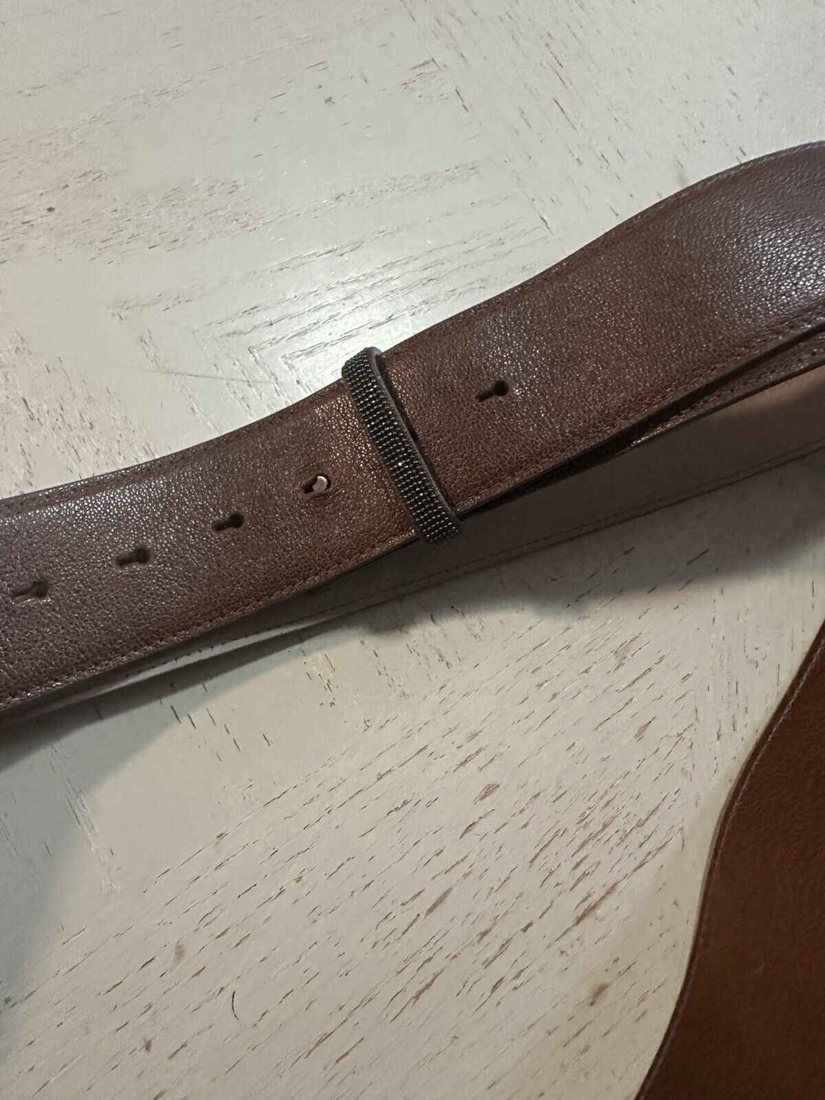 Brunello Cucinelli Women Soft Leather&Monili Belt Brown Size L New $795