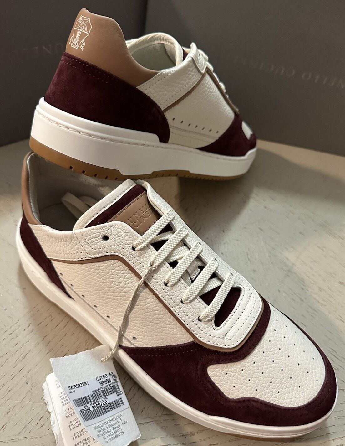 Brunello Cucinelli Men Leather/Suede Sneakers Burgundy/White 9 US/42 Eu New $997