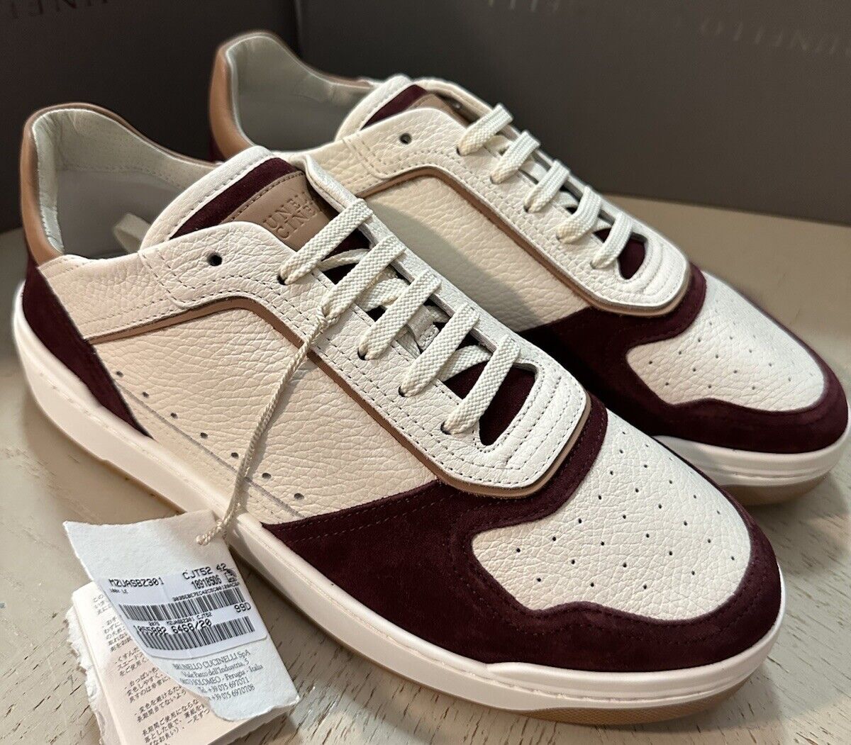 Brunello Cucinelli Men Leather/Suede Sneakers Burgundy/White 9 US/42 Eu New $997