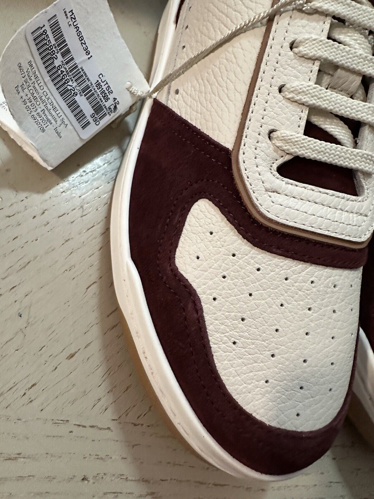 Brunello Cucinelli Men Leather/Suede Sneakers Burgundy/White 9 US/42 Eu New $997