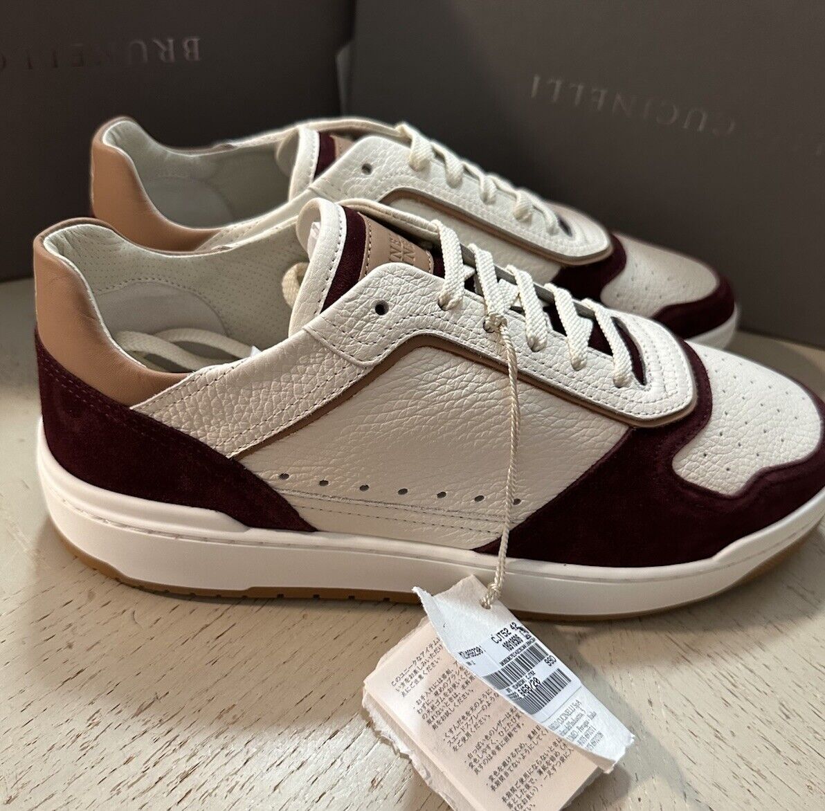 Brunello Cucinelli Men Leather/Suede Sneakers Burgundy/White 9 US/42 Eu New $997