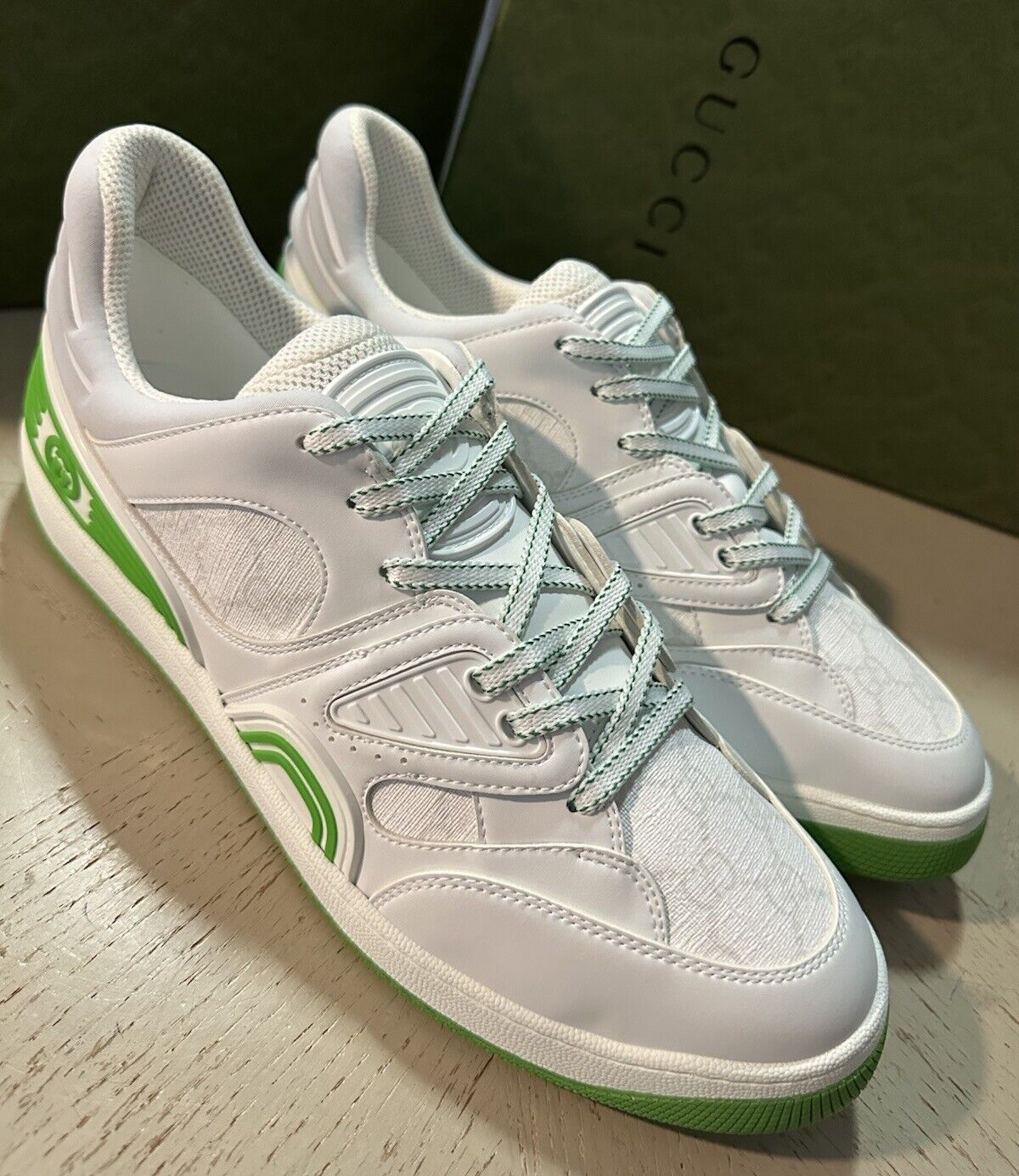 Gucci Men GG Supreme Demetra Basket Sneakers White/Green 13 US/12 UK 698785 New