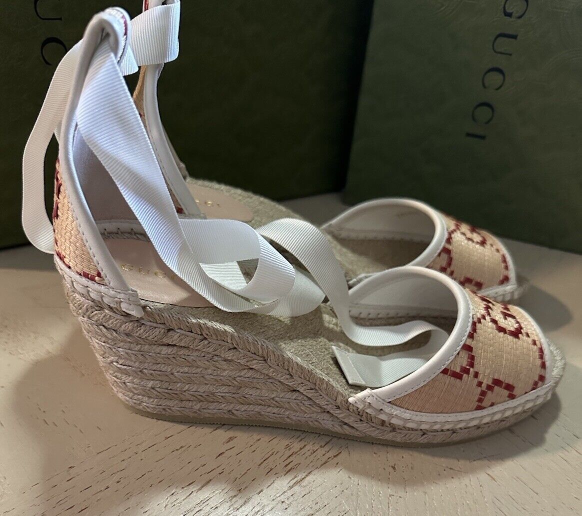 Gucci Women GG Logo Espadrille Sandal Shoes Nat/Red/White 9.5 US/39.5 Eu 741416