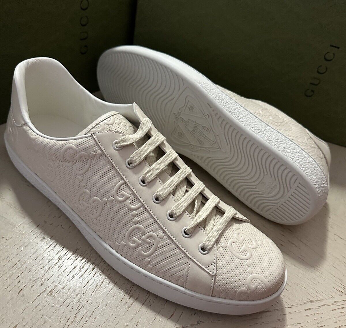 New Gucci Men Leather GG Logo Sneakers Mystic White 15.5 US/15 UK New 625787