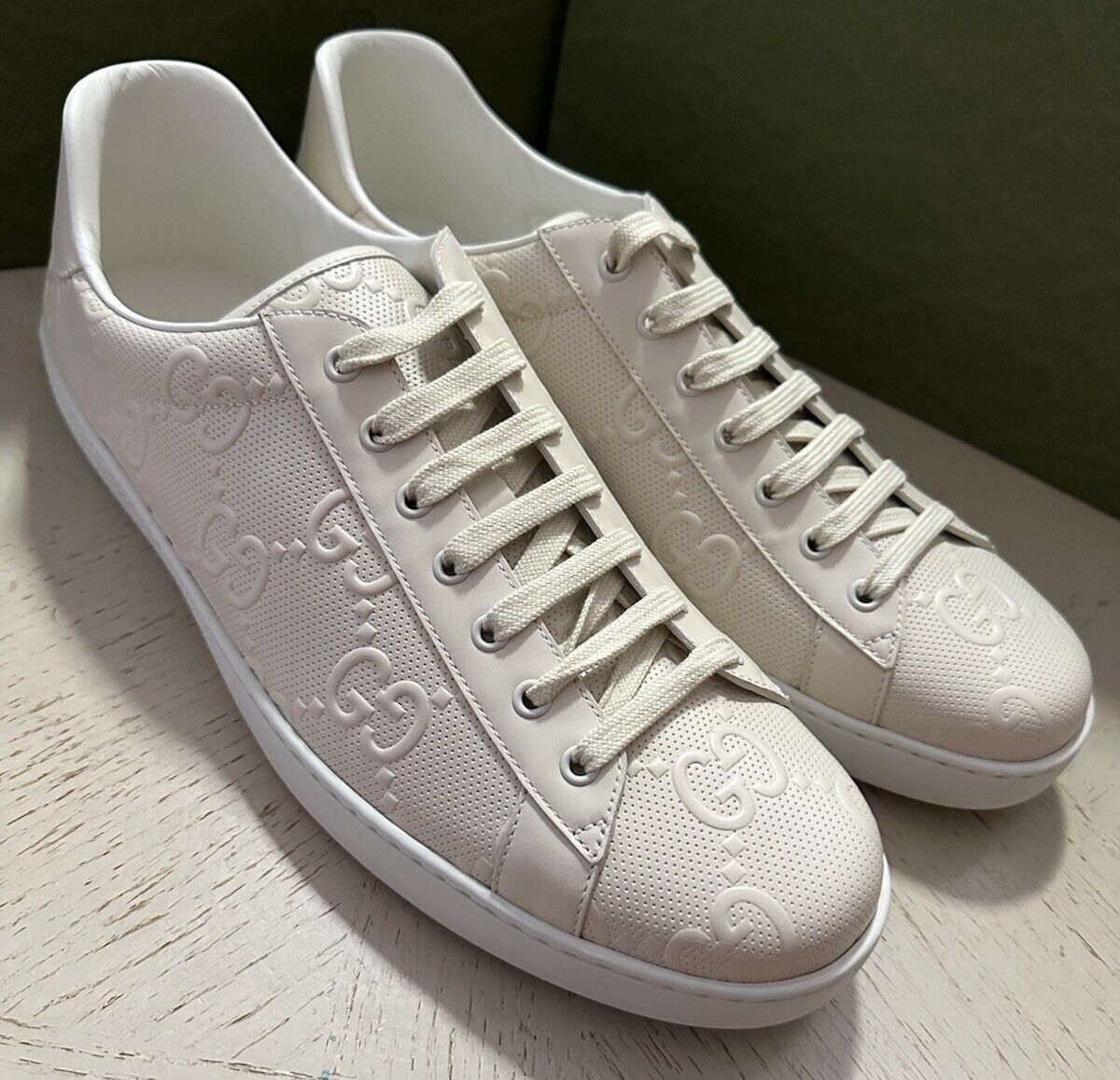 New Gucci Men Leather GG Logo Sneakers Mystic White 15.5 US/15 UK New 625787