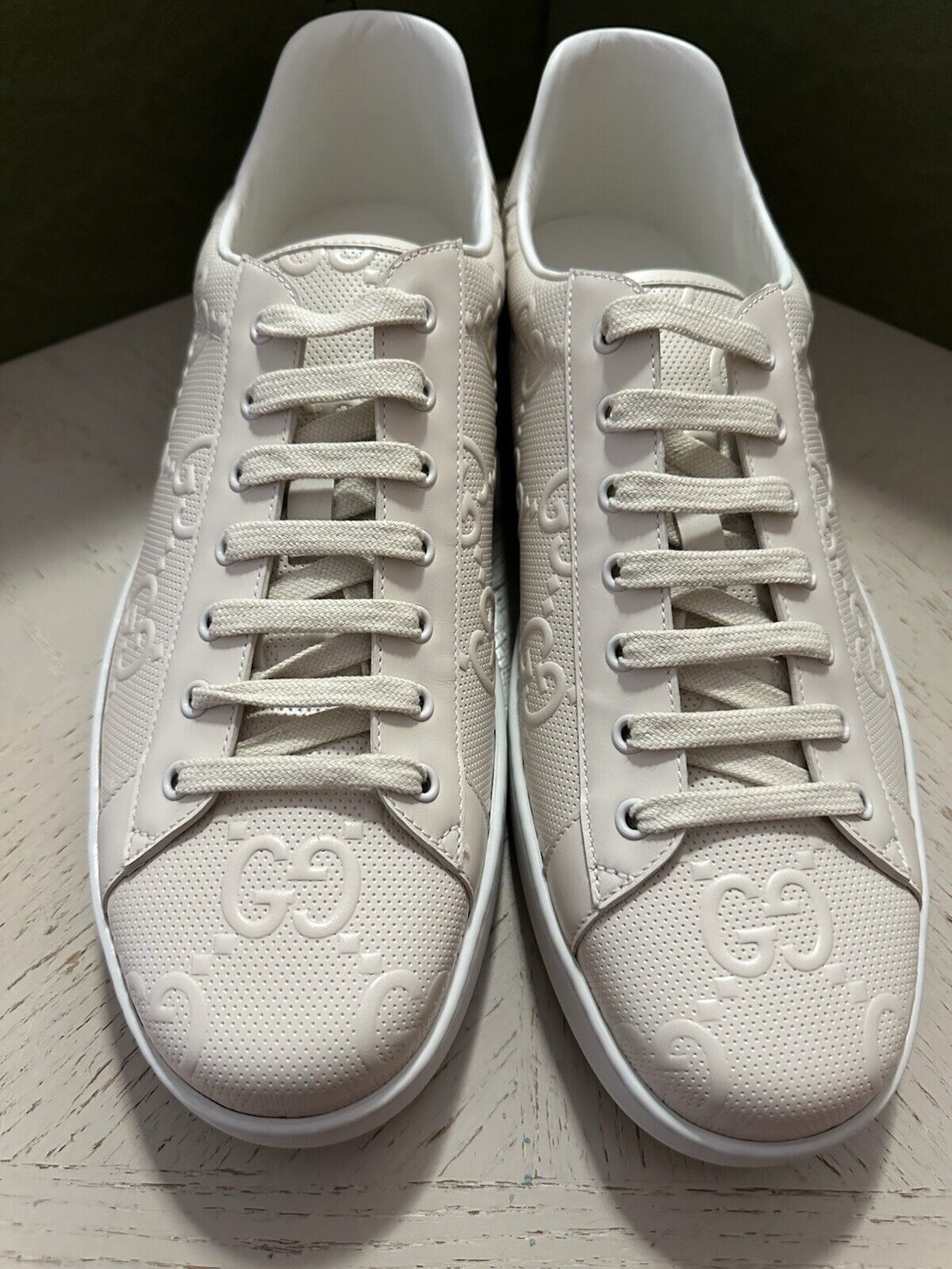 New Gucci Men Leather GG Logo Sneakers Mystic White 15.5 US/15 UK New 625787