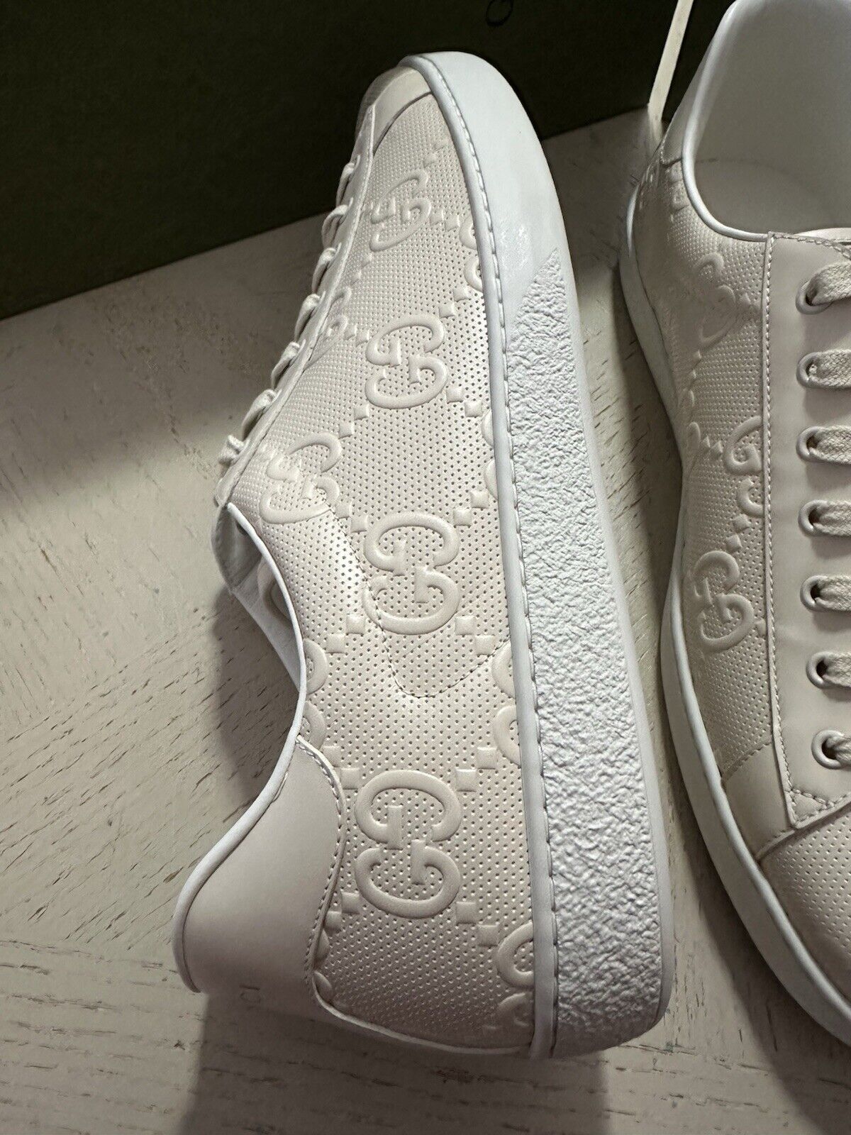 New Gucci Men Leather GG Logo Sneakers Mystic White 15.5 US/15 UK New 625787