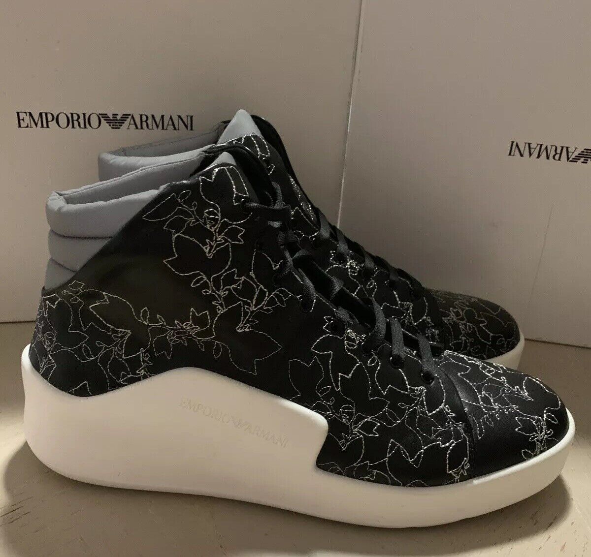 New $745 Emporio Armani Men Leather High Top Sneakers Black 12.5 US/11.5 X4Z063