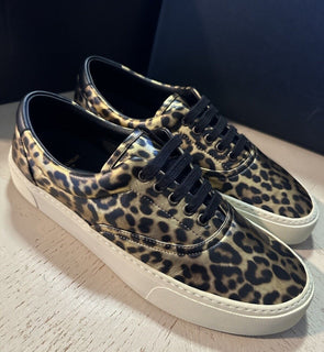 NIB Saint Laurent Men Leather Leopard Pr. Sneakers  Black/Gold 8 US/41 E 689072